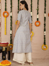 Beige Brocade A-Line Kurta - Elganza