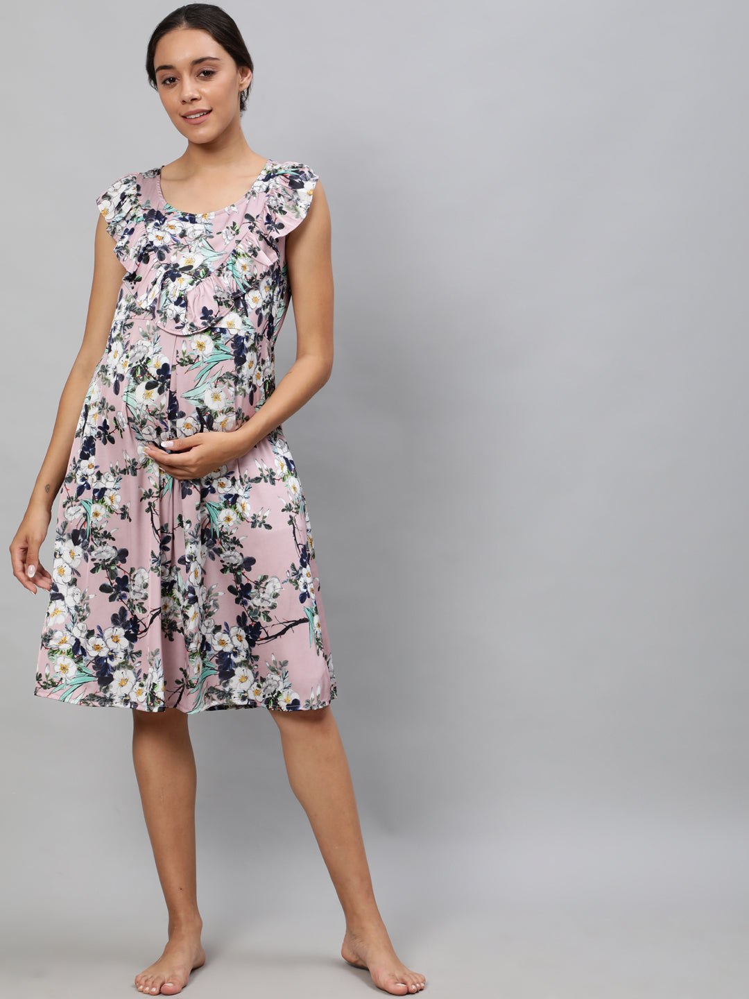 Peach Floral Print Night Dress - Elganza