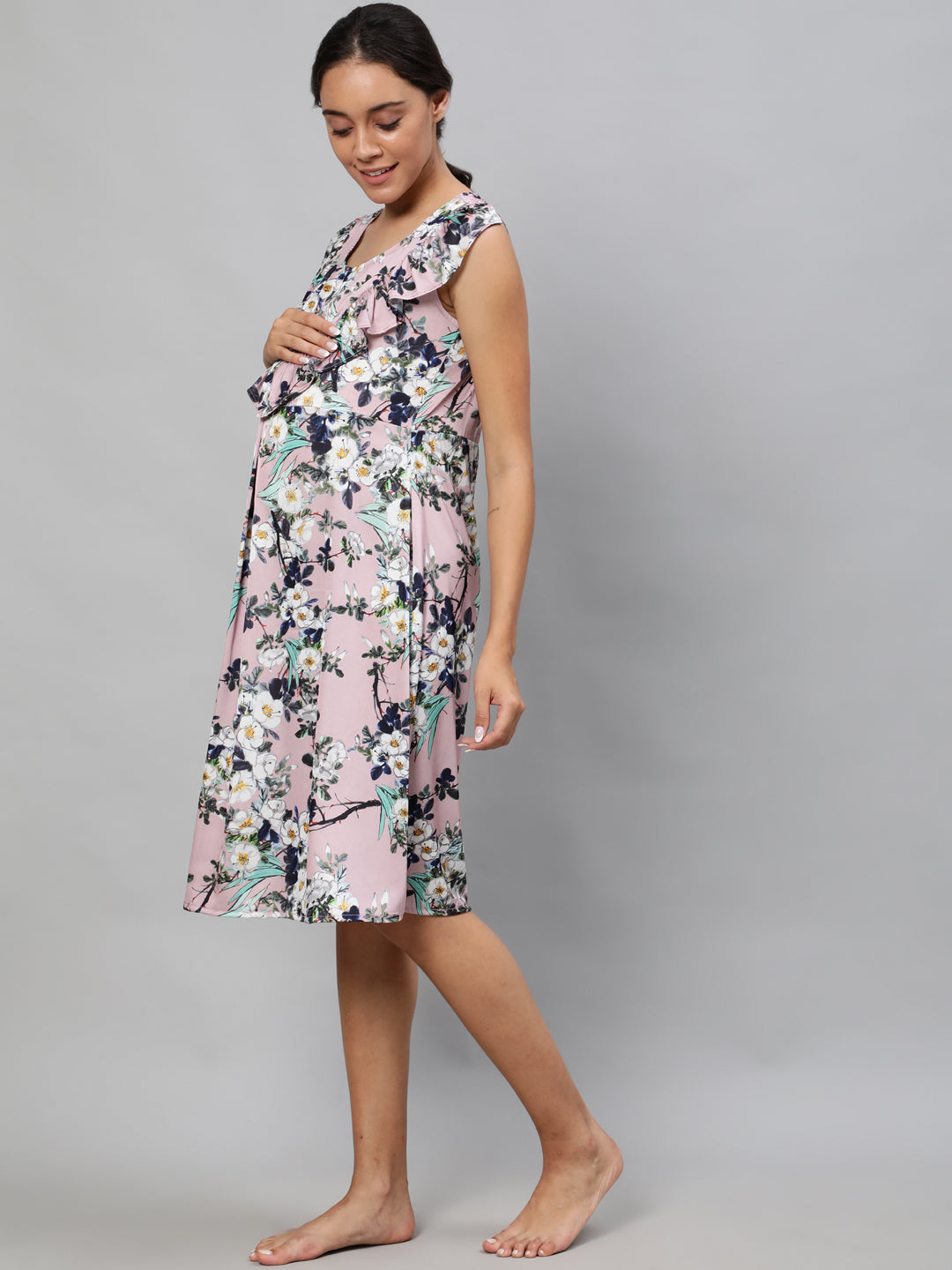 Peach Floral Print Night Dress - Elganza