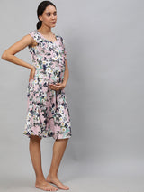 Peach Floral Print Night Dress - Elganza