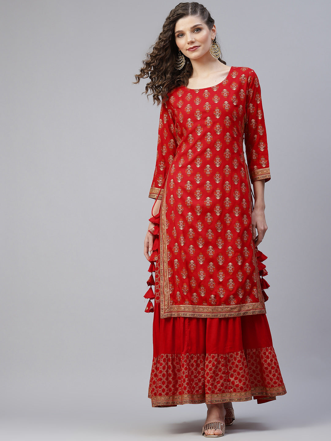 Red Khari Print Double Layered Maxi Dress - Elganza