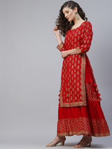 Red Khari Print Double Layered Maxi Dress - Elganza