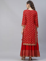 Red Khari Print Double Layered Maxi Dress - Elganza