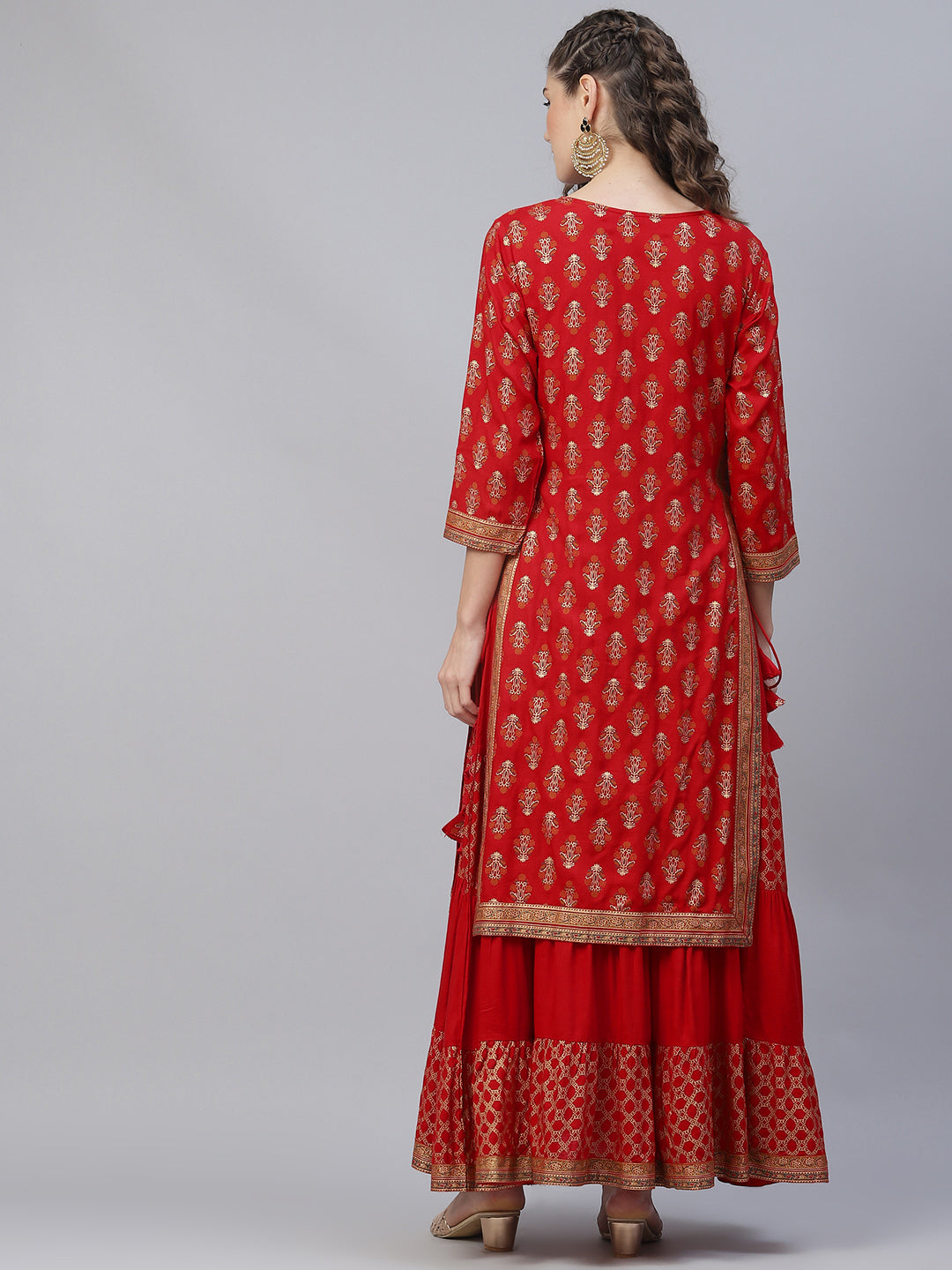 Red Khari Print Double Layered Maxi Dress - Elganza