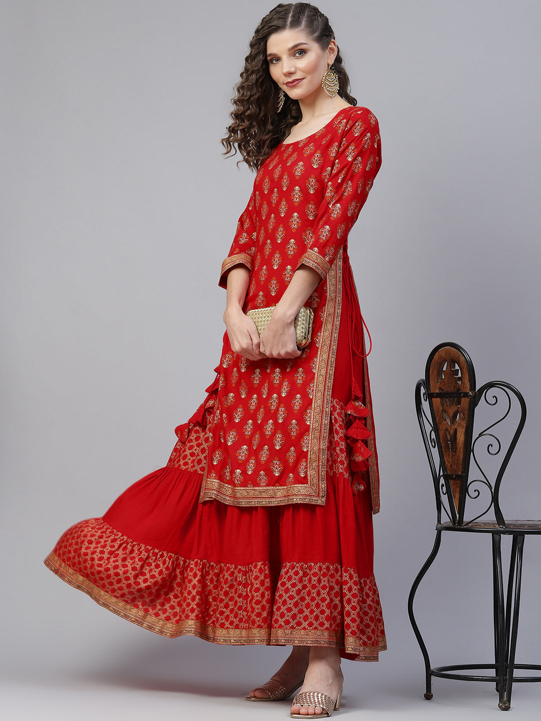 Red Khari Print Double Layered Maxi Dress - Elganza