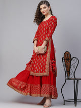 Red Khari Print Double Layered Maxi Dress - Elganza
