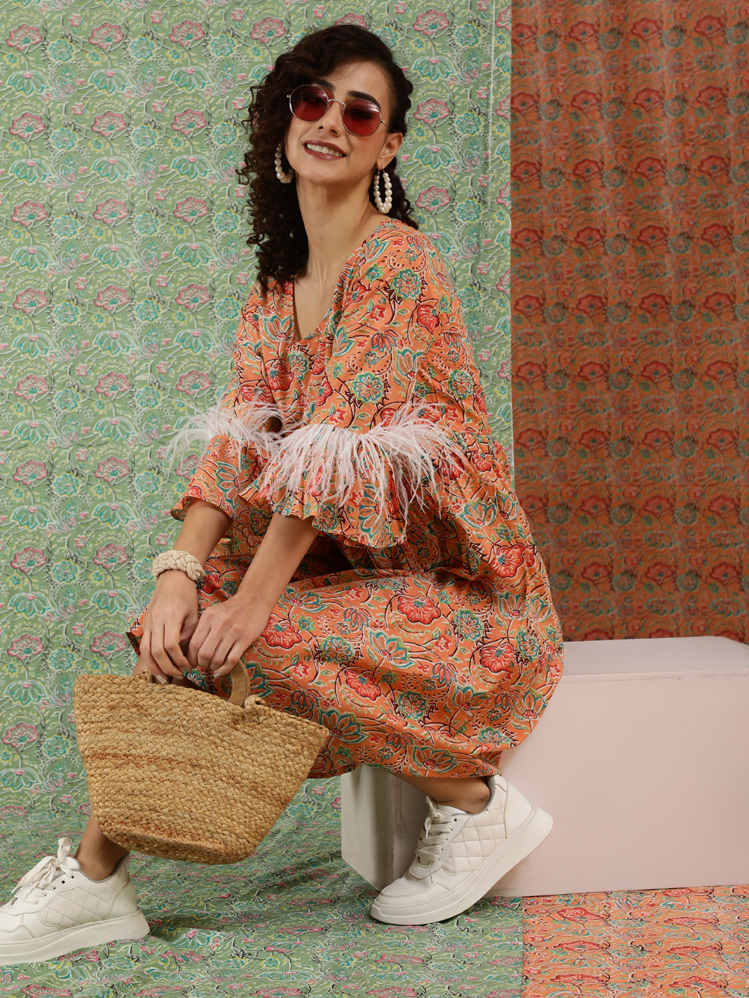 Peach Floral Print Short Dress - Elganza