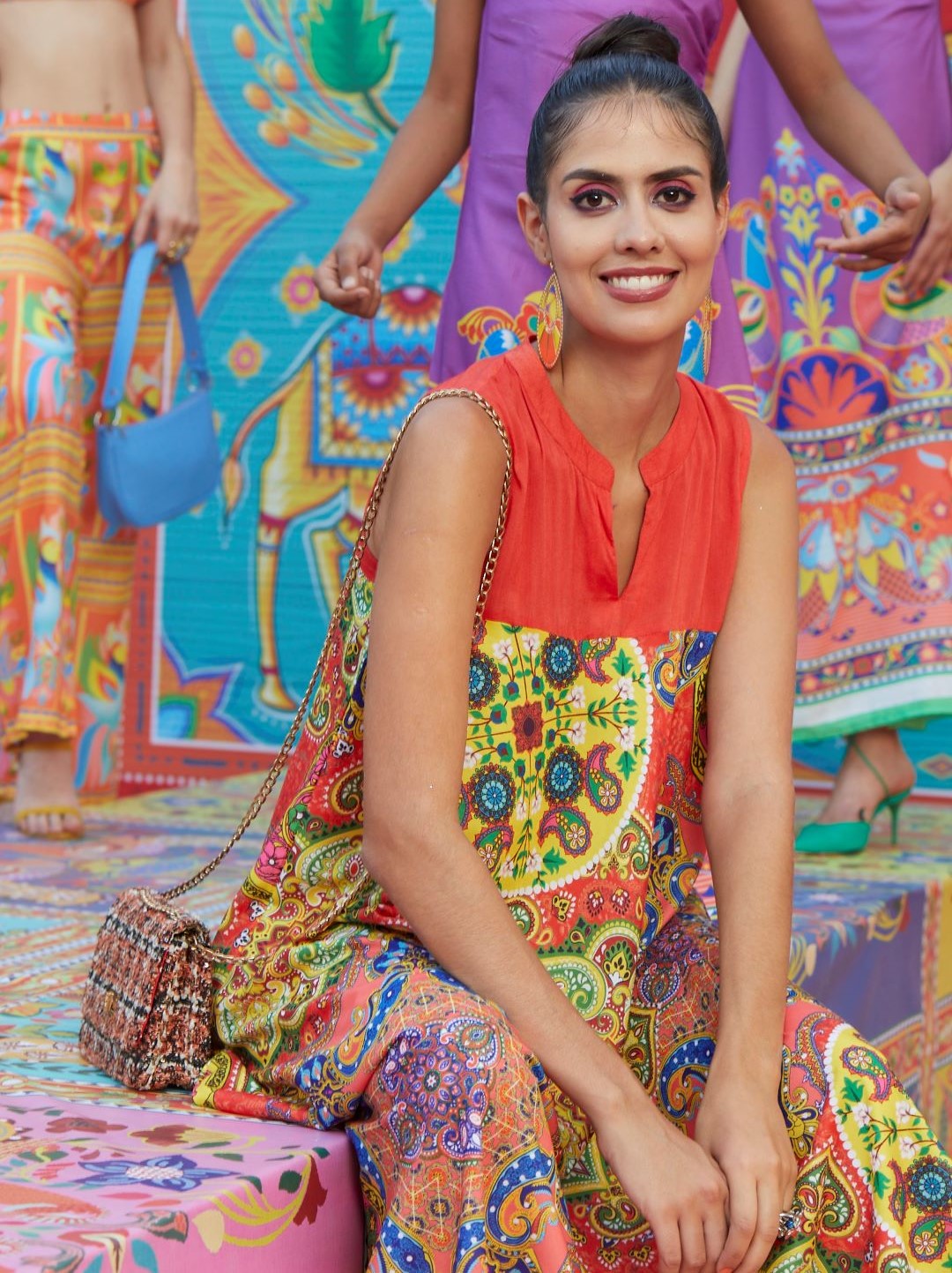 Red & Blue Printed A-Line Dress - Elganza
