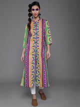 Purple & Yellow Printed Button Down Kurta - Elganza