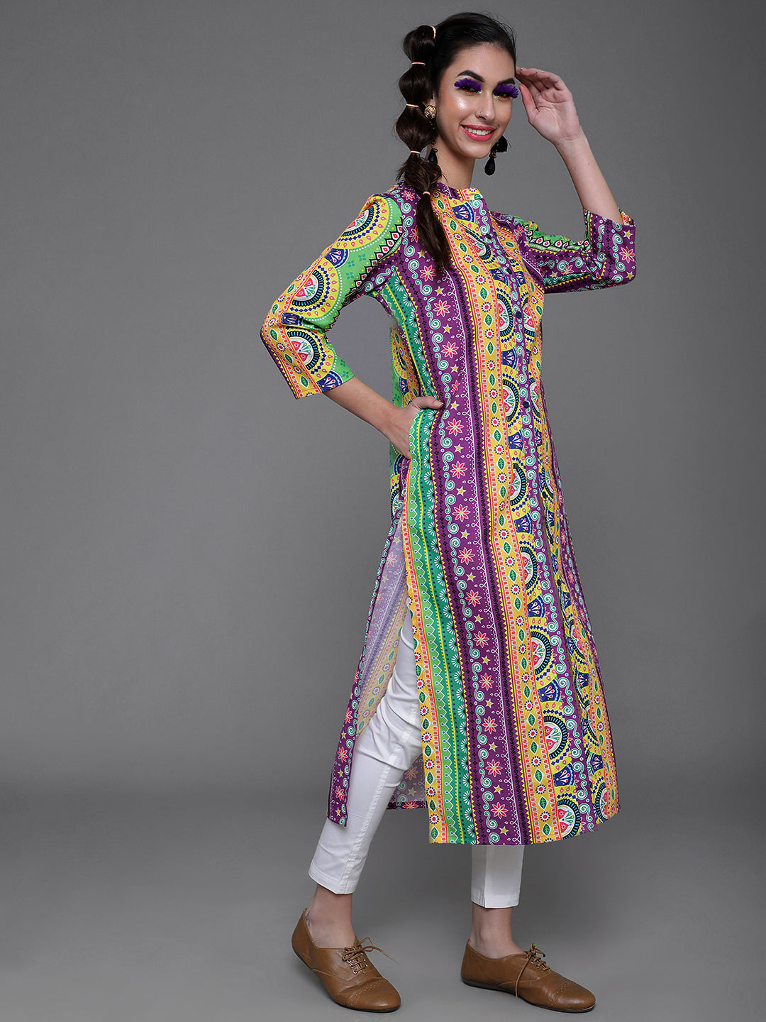 Purple & Yellow Printed Button Down Kurta - Elganza