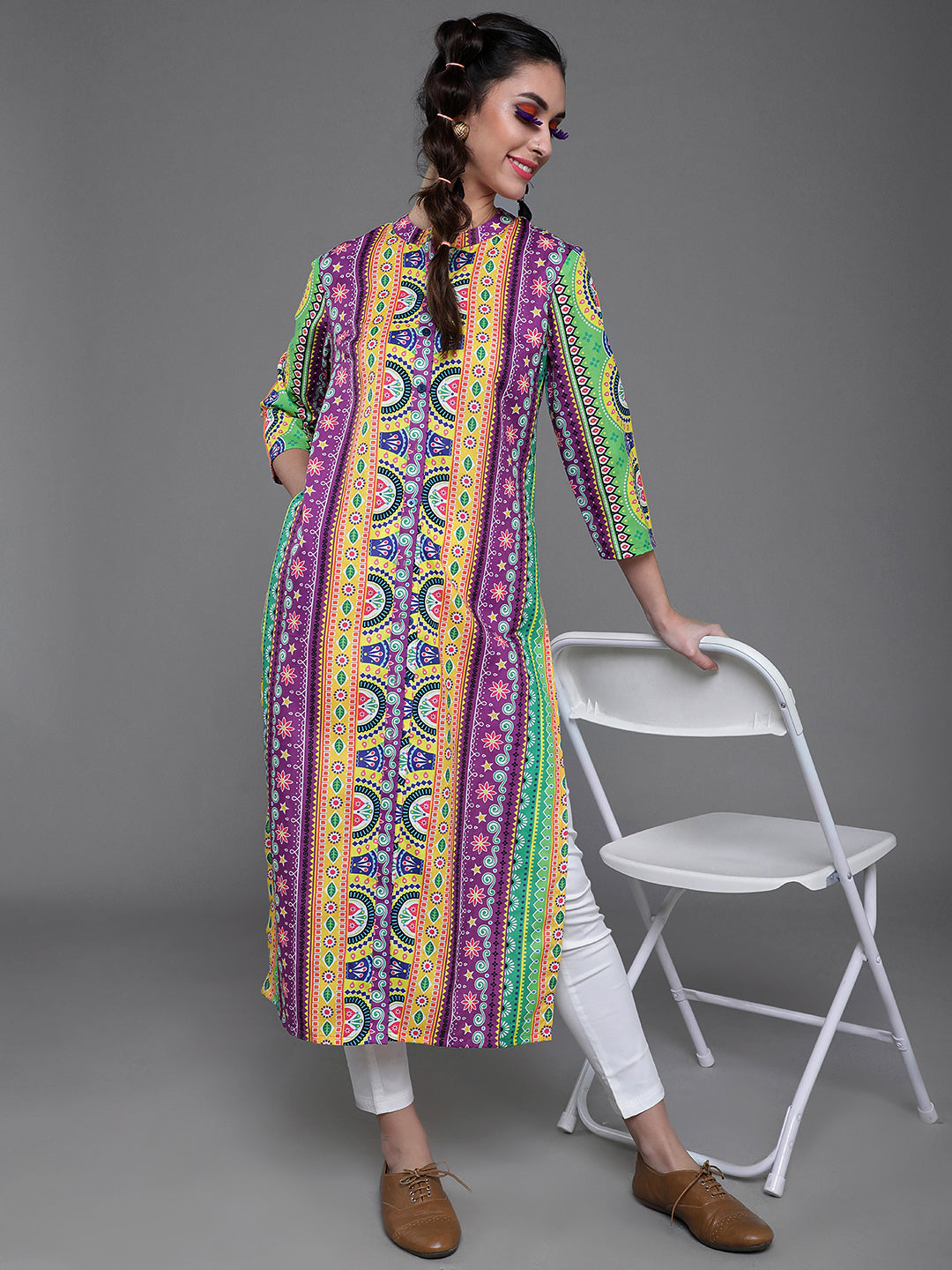 Purple & Yellow Printed Button Down Kurta - Elganza