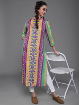 Purple & Yellow Printed Button Down Kurta - Elganza