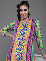 Purple & Yellow Printed Button Down Kurta - Elganza