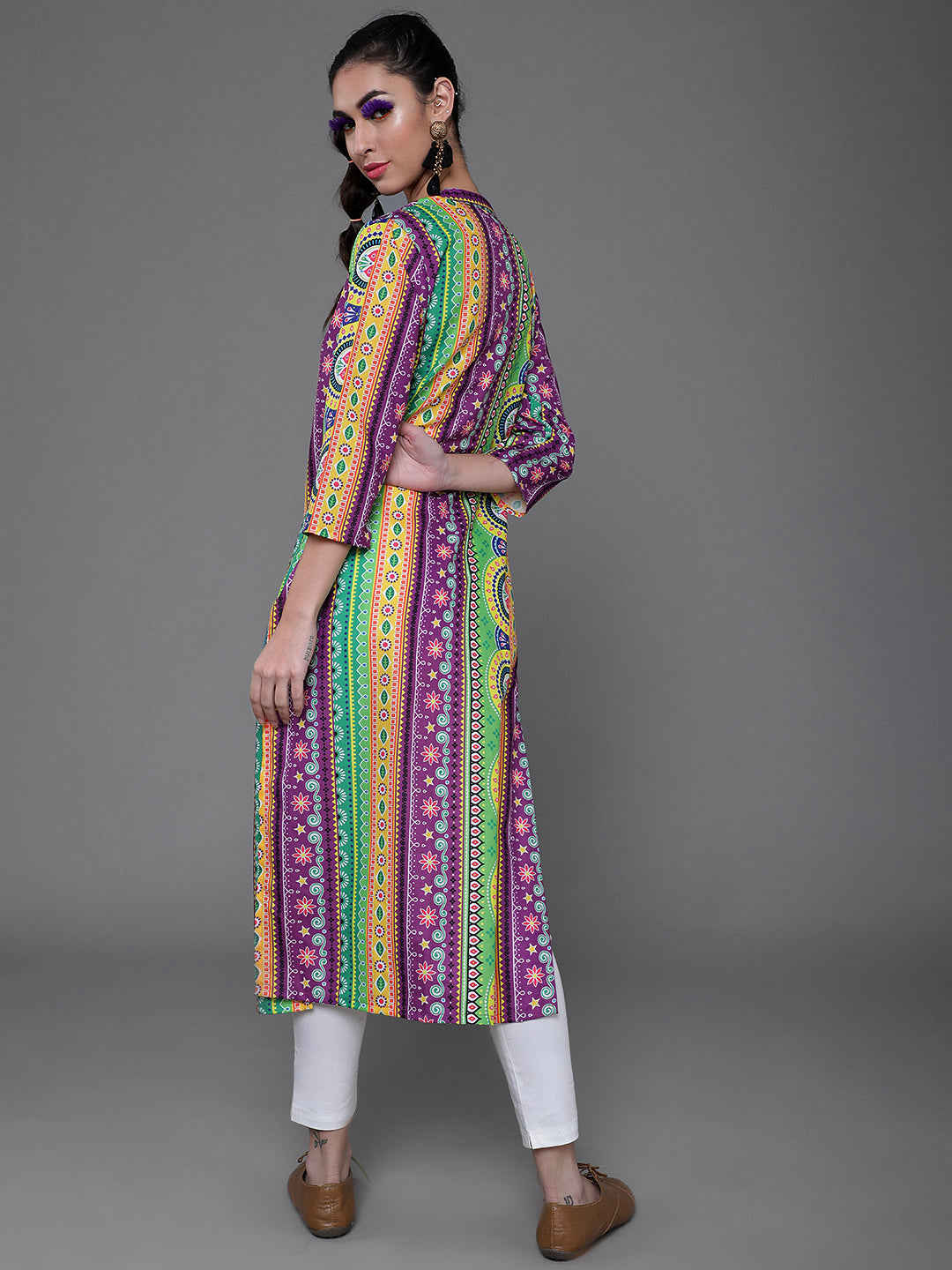 Purple & Yellow Printed Button Down Kurta - Elganza