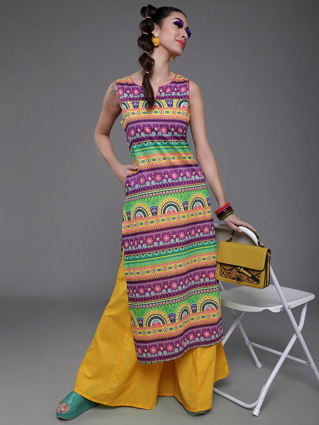 Purple & Yellow Printed Kurta - Elganza