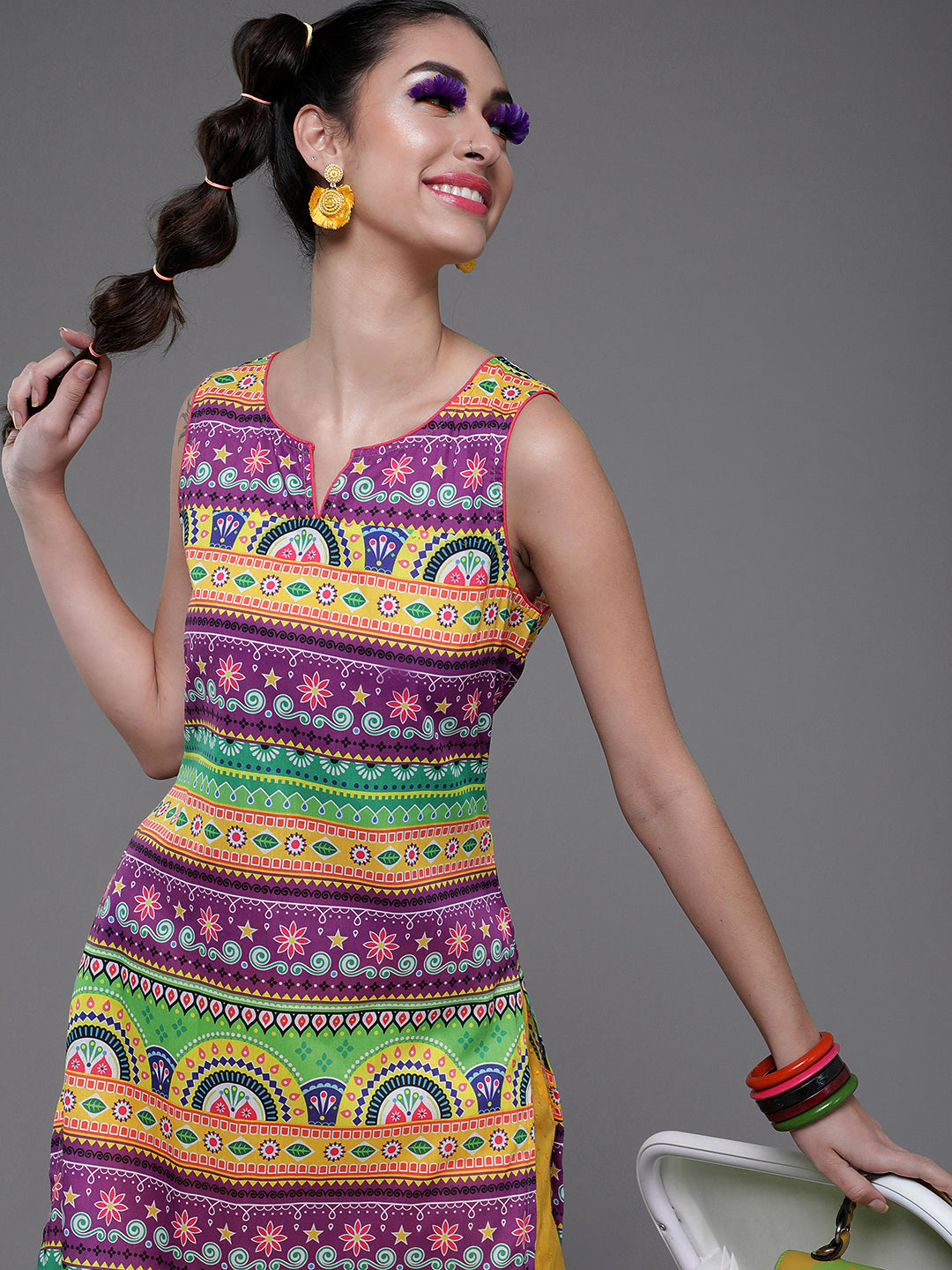 Purple & Yellow Printed Kurta - Elganza