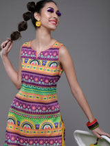 Purple & Yellow Printed Kurta - Elganza