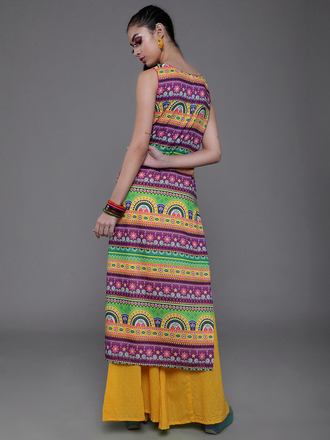 Purple & Yellow Printed Kurta - Elganza