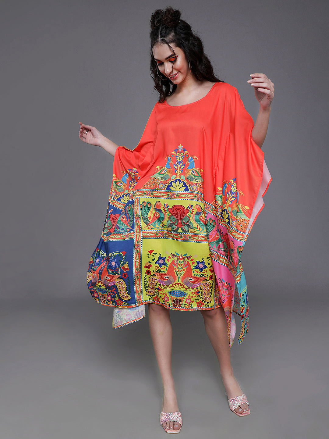 Orange & Yellow Abstract Print Kaftan Dress - Elganza
