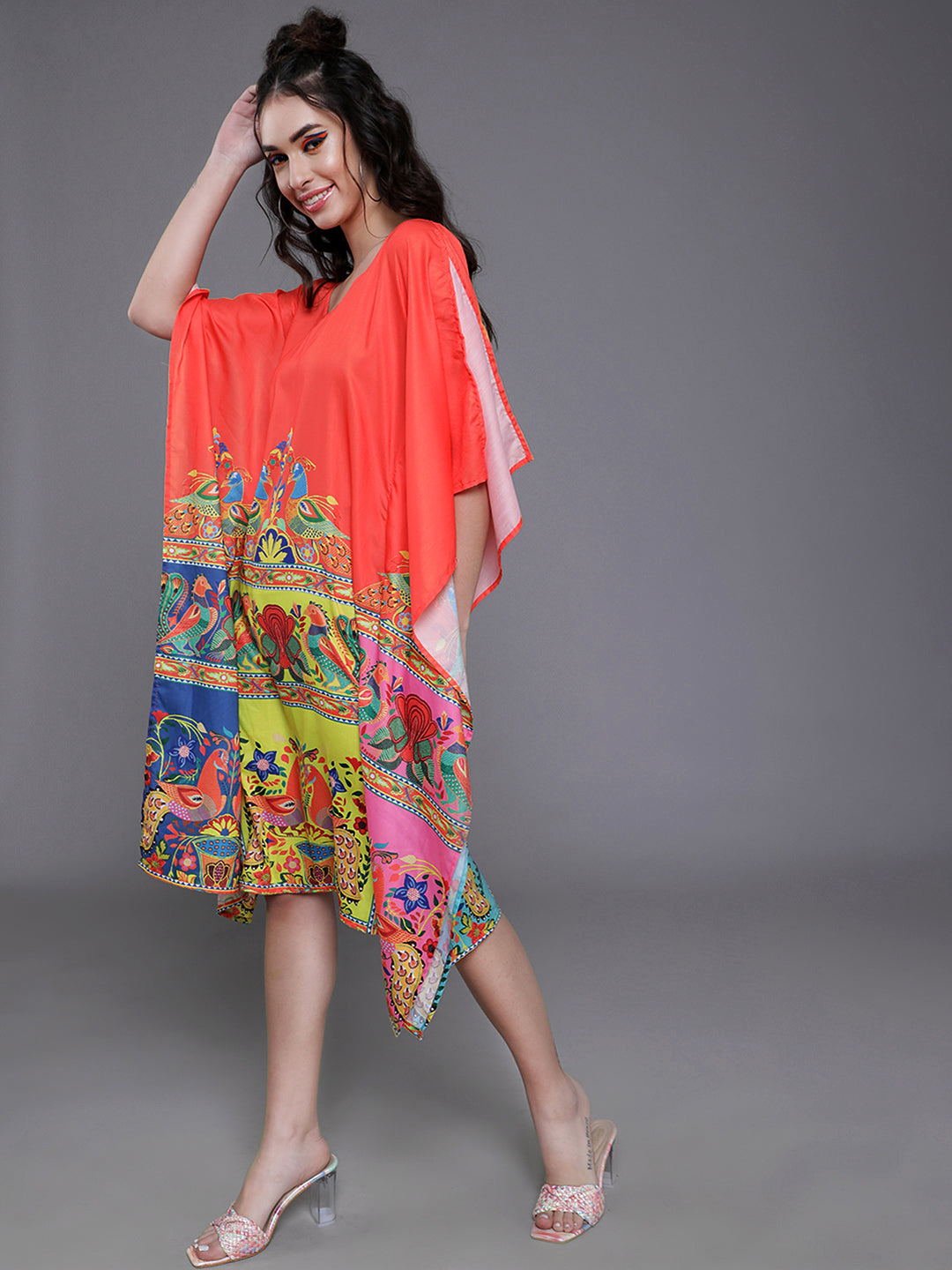 Orange & Yellow Abstract Print Kaftan Dress - Elganza