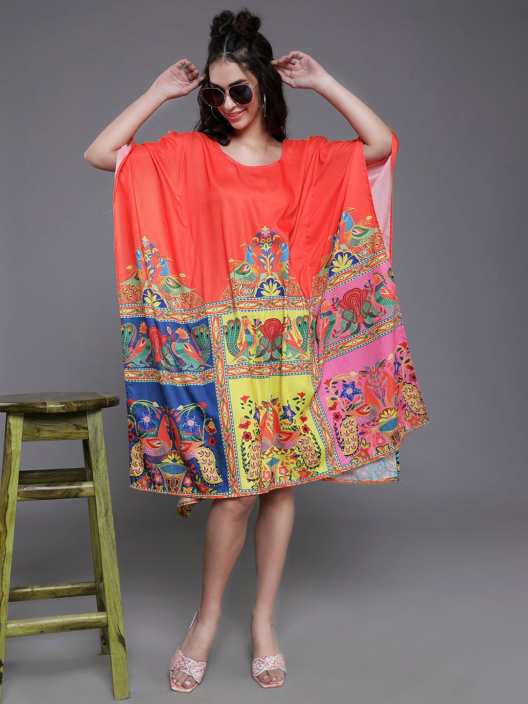 Orange & Yellow Abstract Print Kaftan Dress - Elganza