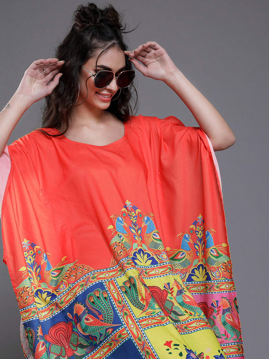 Orange & Yellow Abstract Print Kaftan Dress - Elganza