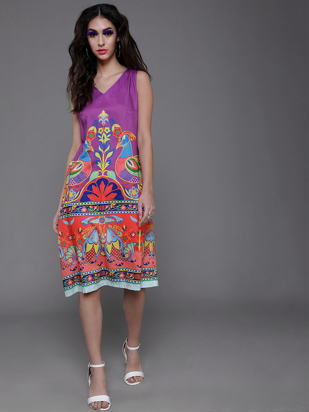 Purple Abstract Print Shift Dress - Elganza