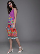 Purple Abstract Print Shift Dress - Elganza