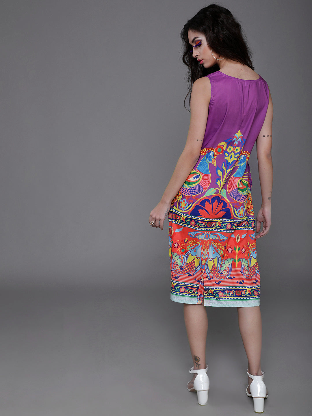 Purple Abstract Print Shift Dress - Elganza