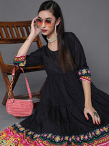 Black Truck Art Muslin Tiered Anarkali - Elganza