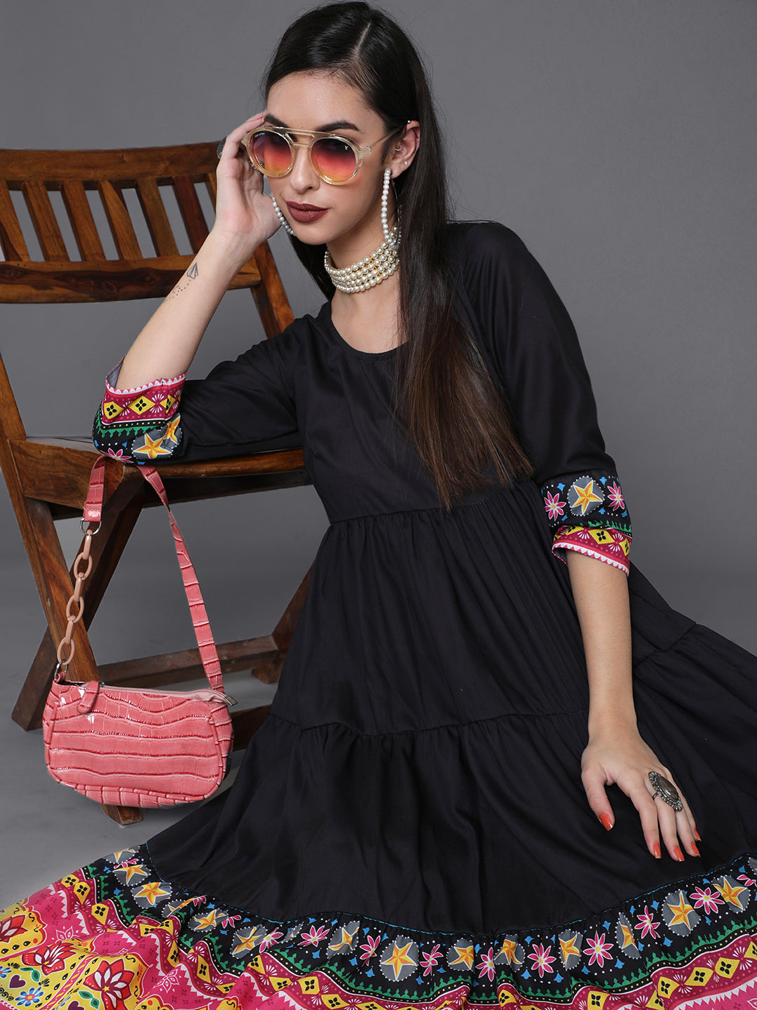 Black Truck Art Muslin Tiered Anarkali - Elganza