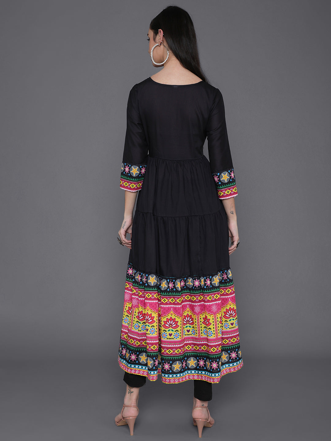 Black Truck Art Muslin Tiered Anarkali - Elganza