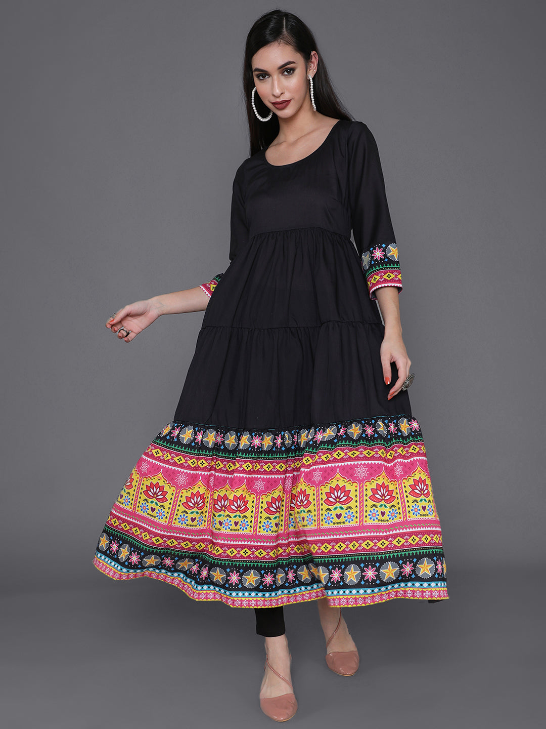 Black Truck Art Muslin Tiered Anarkali - Elganza