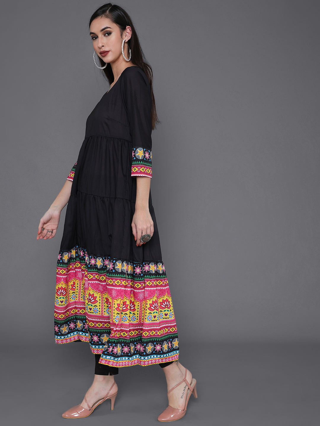 Black Truck Art Muslin Tiered Anarkali - Elganza
