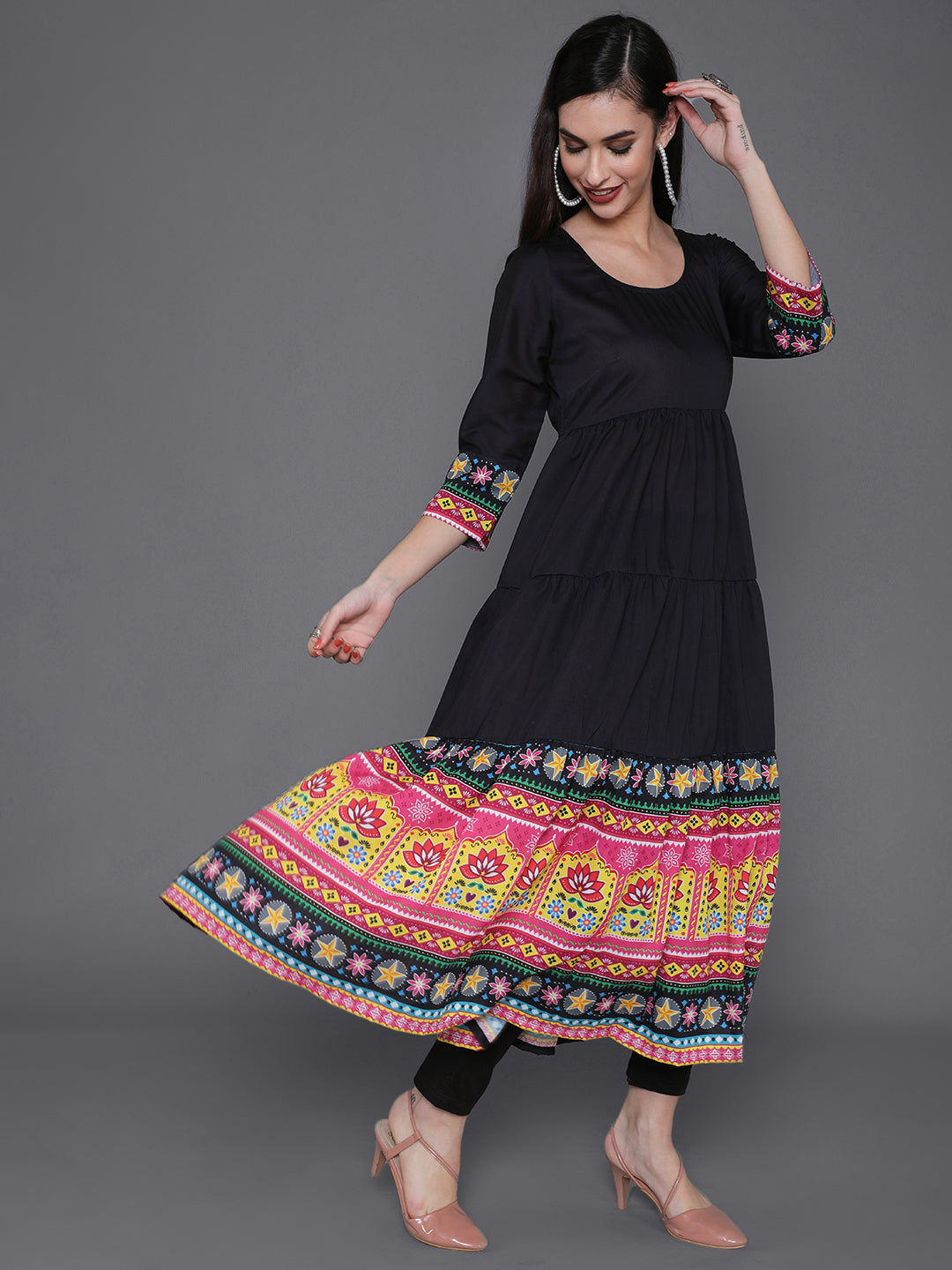 Black Truck Art Muslin Tiered Anarkali - Elganza
