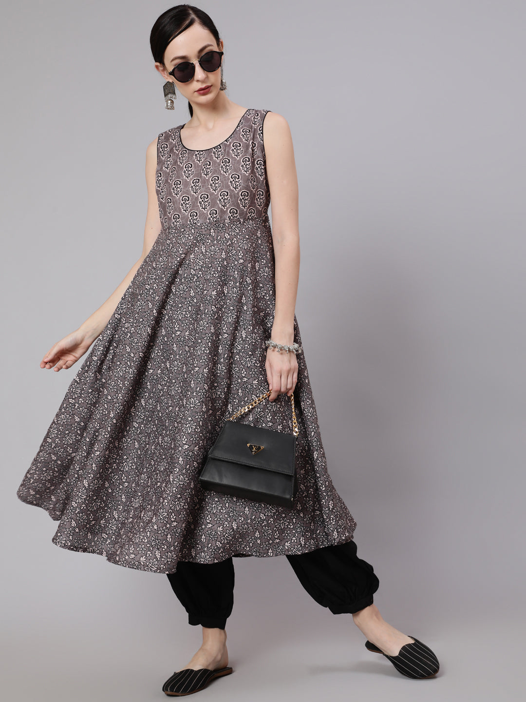 Grey & Black Floral Print Anarkali - Elganza