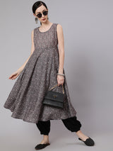 Grey & Black Floral Print Anarkali - Elganza