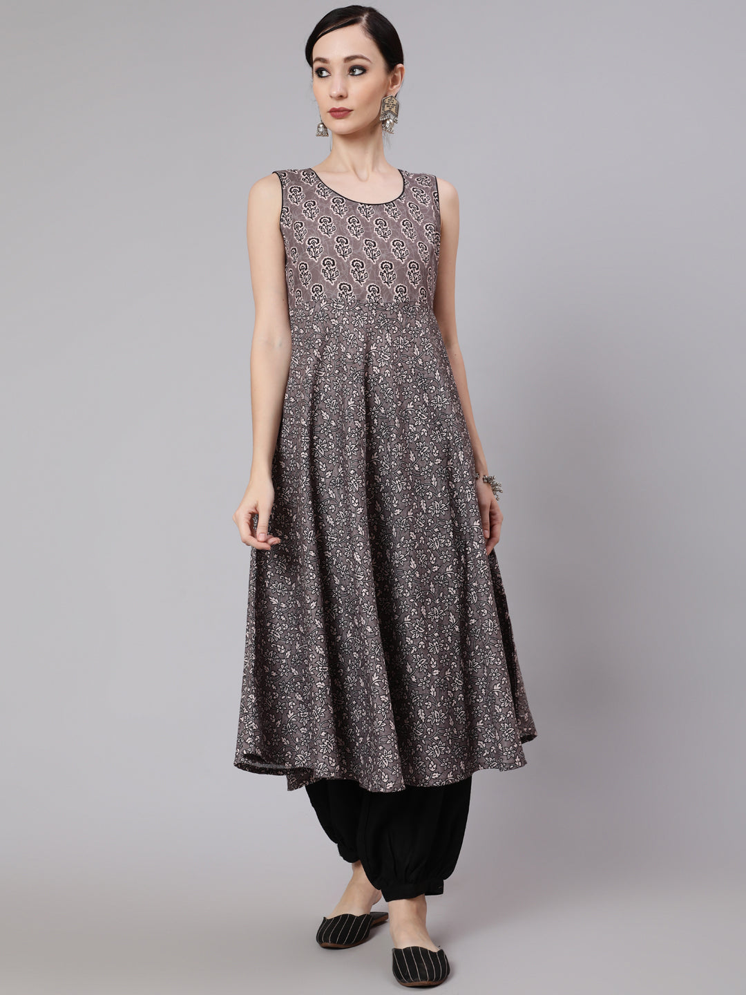 Grey & Black Floral Print Anarkali - Elganza