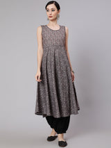 Grey & Black Floral Print Anarkali - Elganza