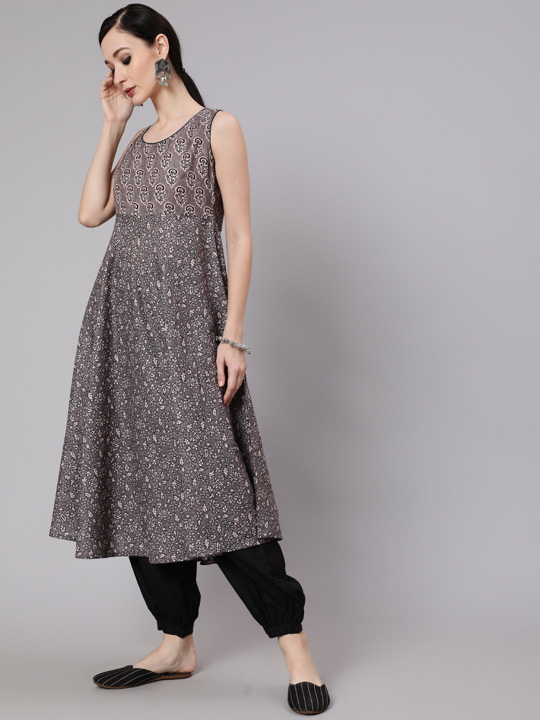 Grey & Black Floral Print Anarkali - Elganza