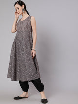 Grey & Black Floral Print Anarkali - Elganza