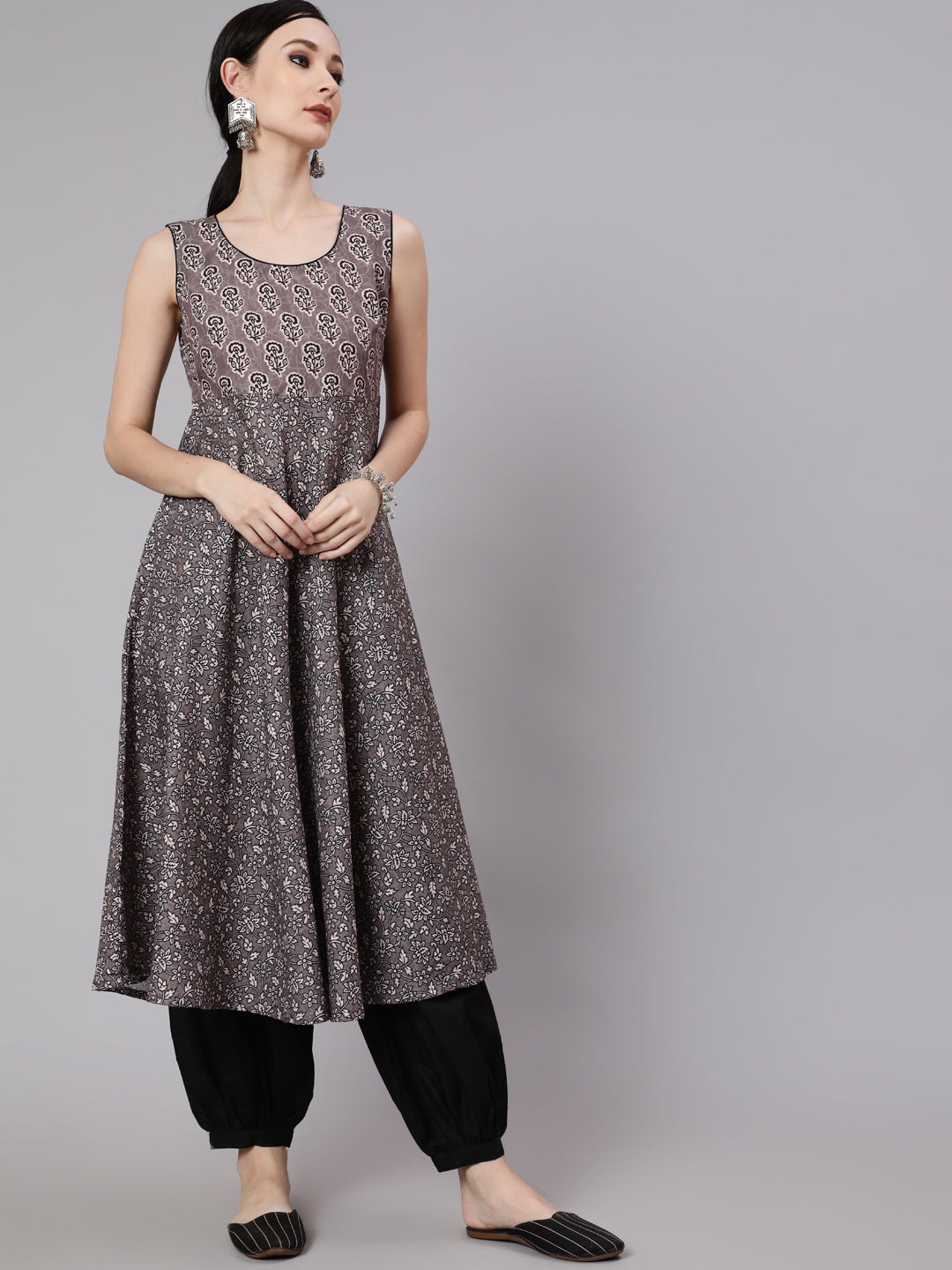 Grey & Black Floral Print Anarkali - Elganza
