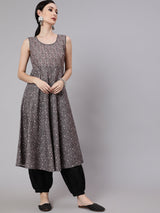 Grey & Black Floral Print Anarkali - Elganza