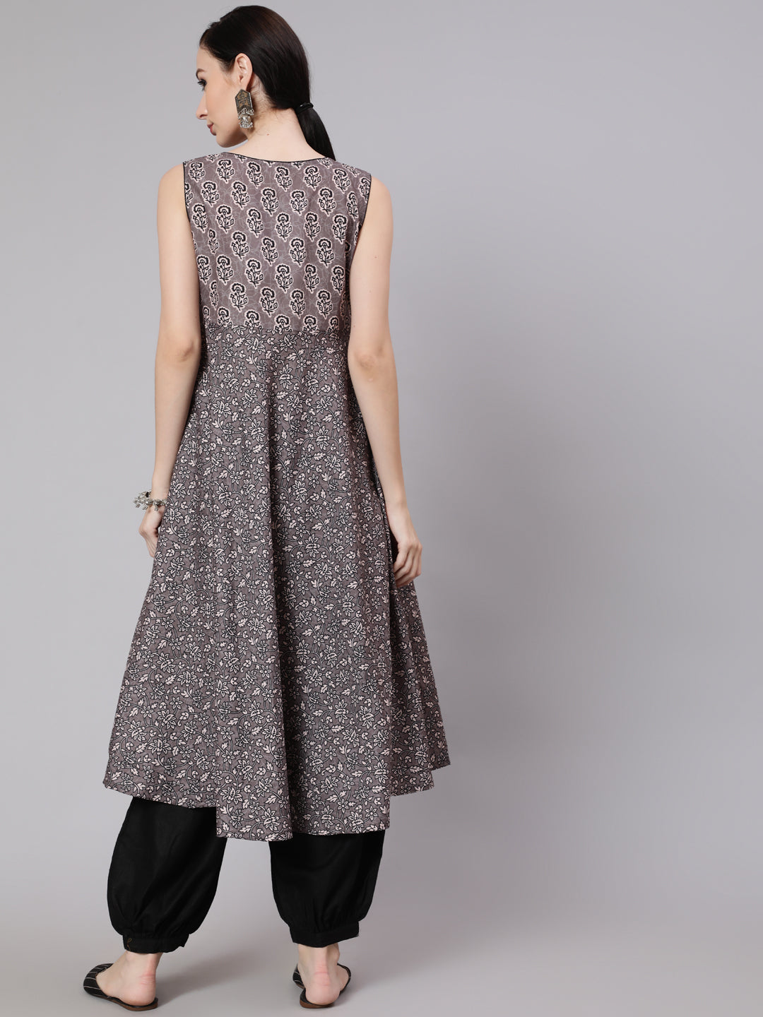 Grey & Black Floral Print Anarkali - Elganza
