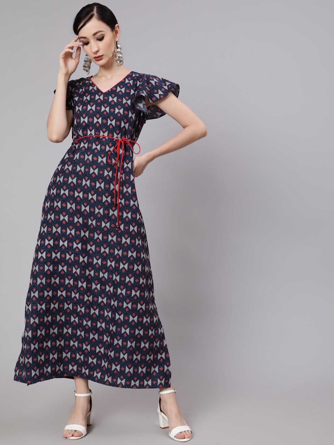 Blue & Maroon Printed Side Slit Maxi Dress - Elganza