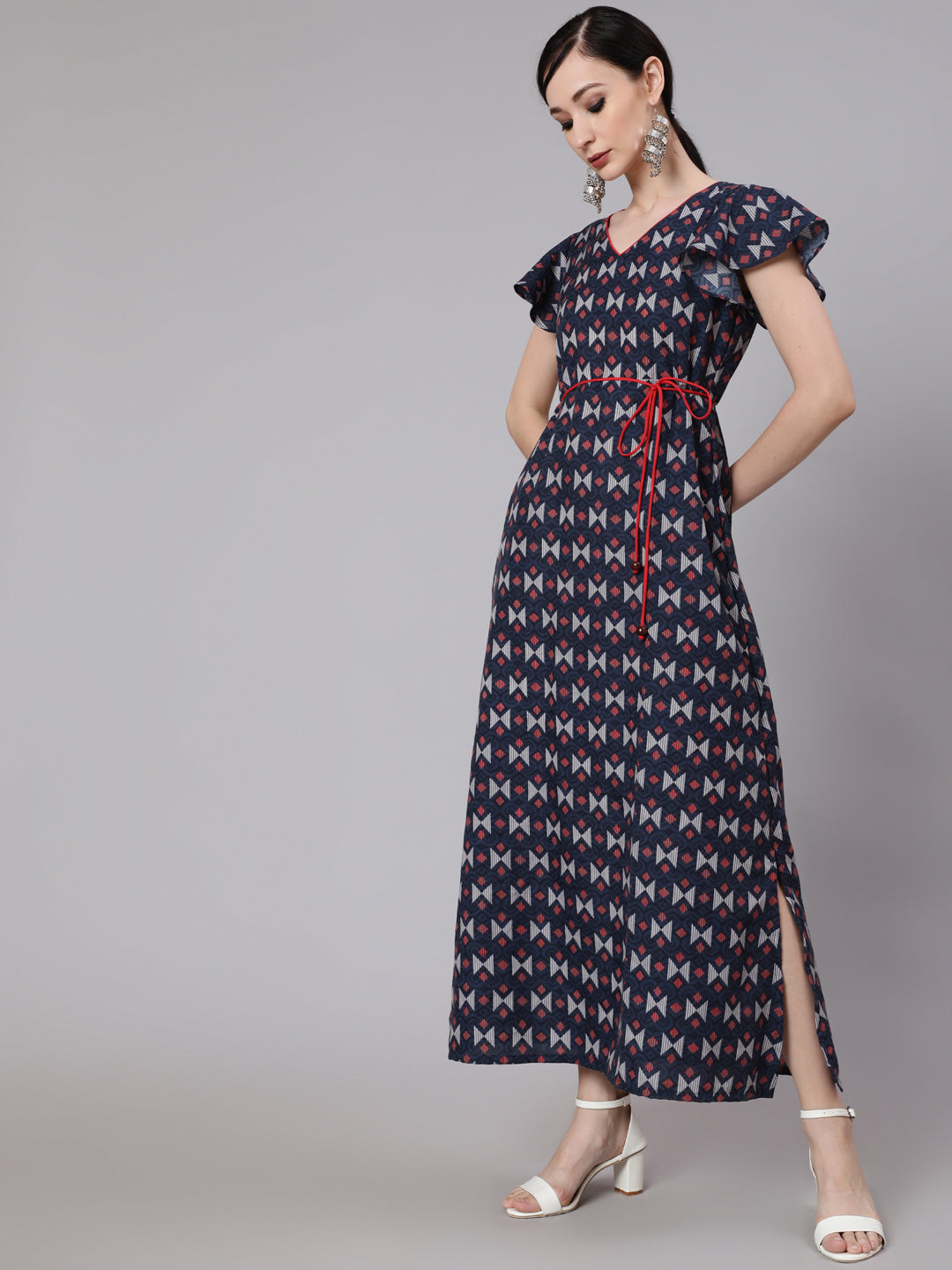 Blue & Maroon Printed Side Slit Maxi Dress - Elganza