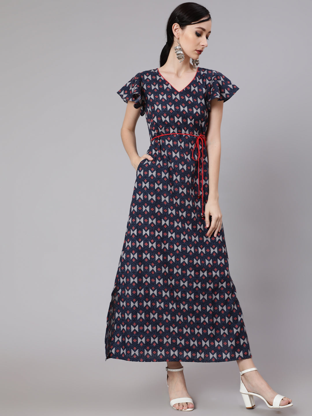 Blue & Maroon Printed Side Slit Maxi Dress - Elganza