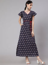 Blue & Maroon Printed Side Slit Maxi Dress - Elganza