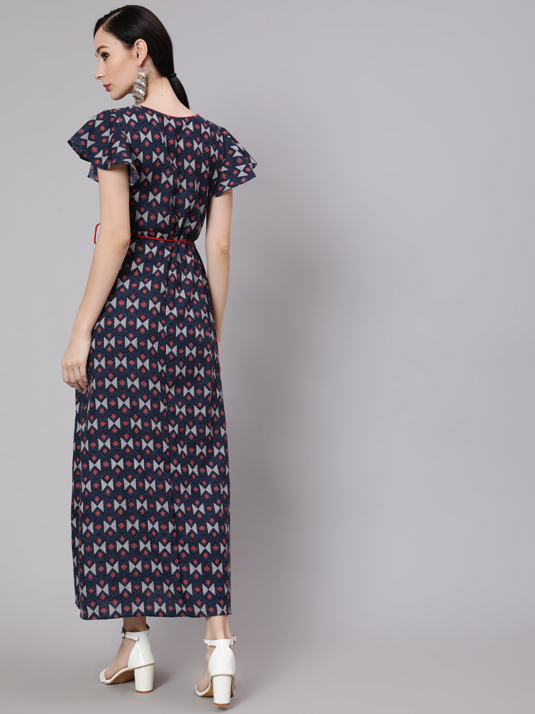 Blue & Maroon Printed Side Slit Maxi Dress - Elganza