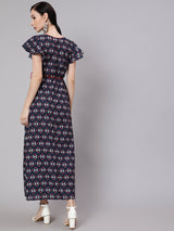 Blue & Maroon Printed Side Slit Maxi Dress - Elganza